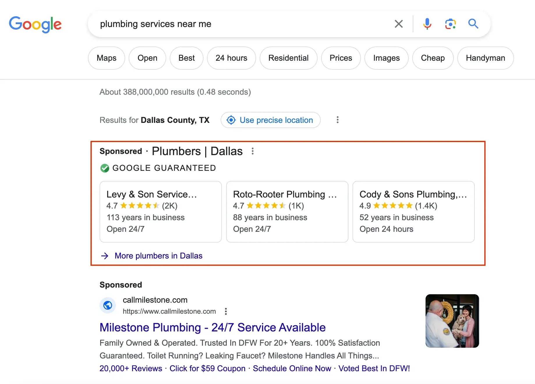 google local services ou google ads - anúncio de encanadores em Dallas